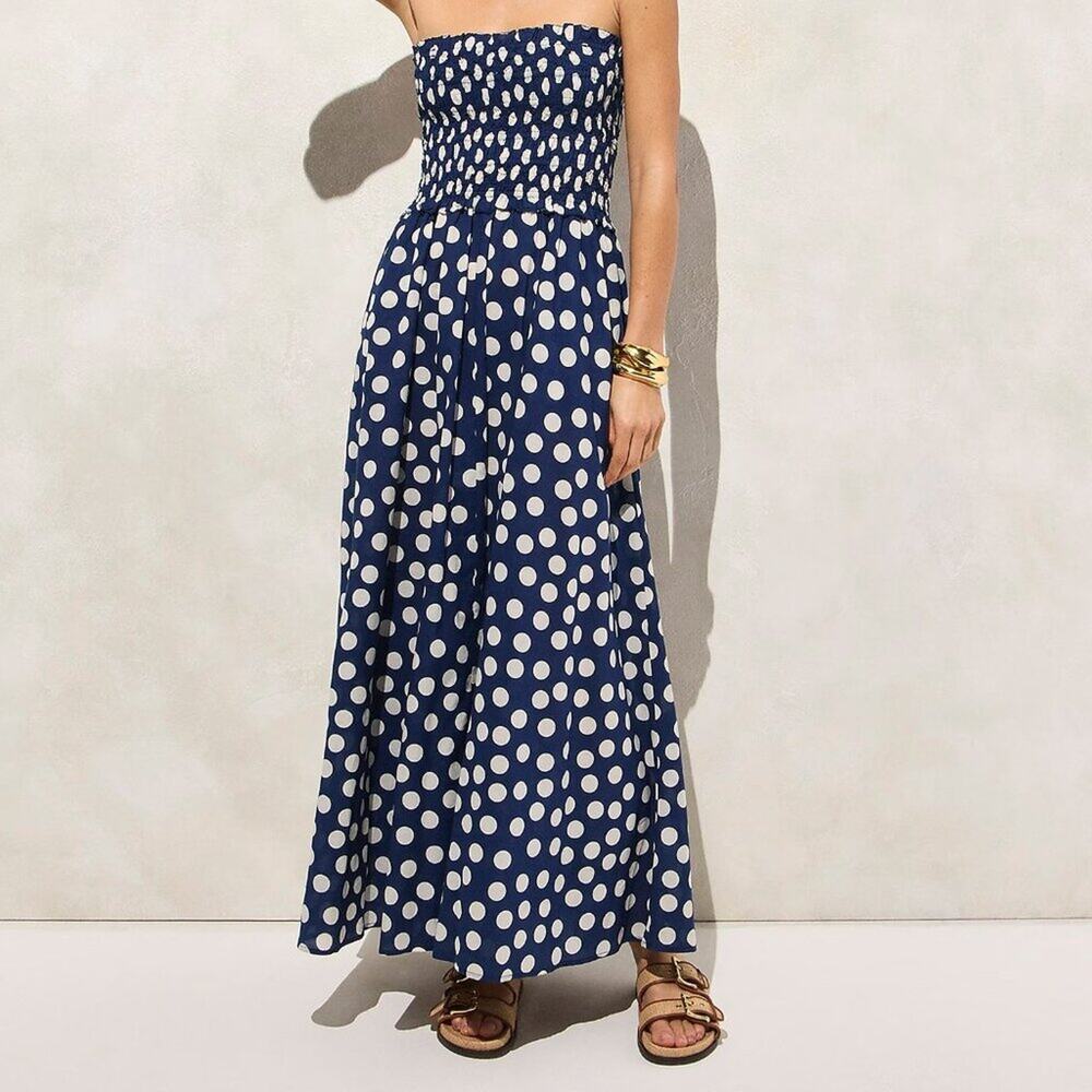 NWT J Crew Smocked Strapless Polka Dot Maxi Dress in Cotton Voile M